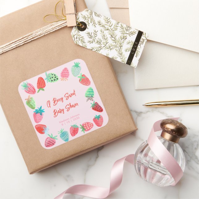 Berry Sweet Baby Shower Strawberry Square Sticker (Gifting)