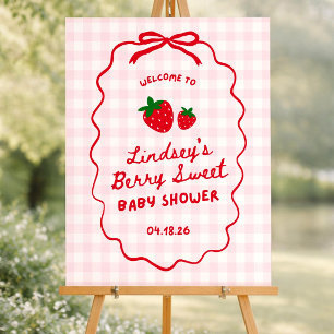 Berry Sweet Baby Shower Welcome Sign, Pink Gingham Foam Board