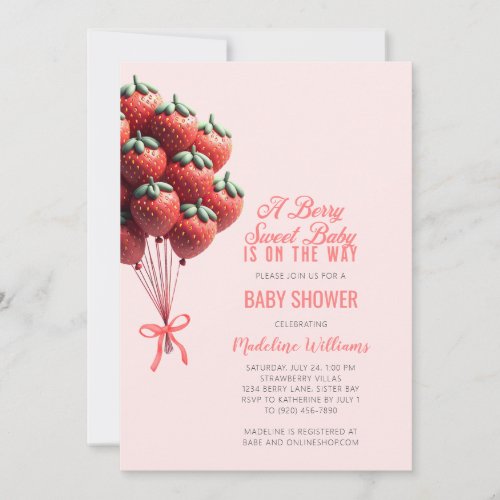 Berry Sweet Baby Strawberry Balloons Baby Shower Invitation