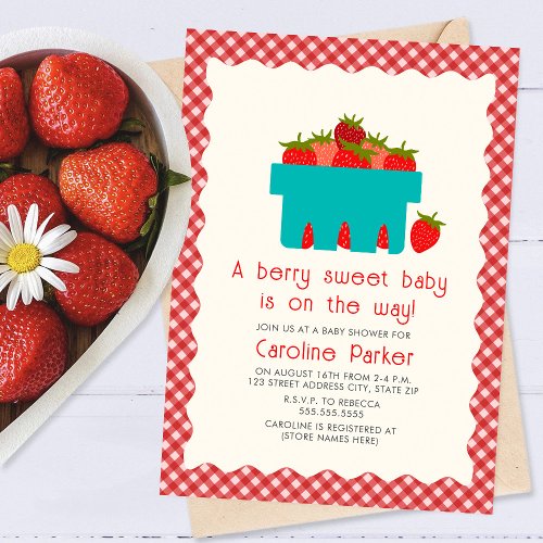 Berry Sweet Baby Strawberry Basket Gingham  Invitation