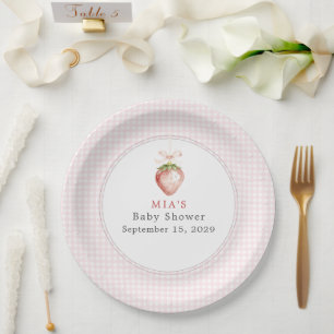 Berry Sweet Baby Strawberry Coquette Gingham  Paper Plates