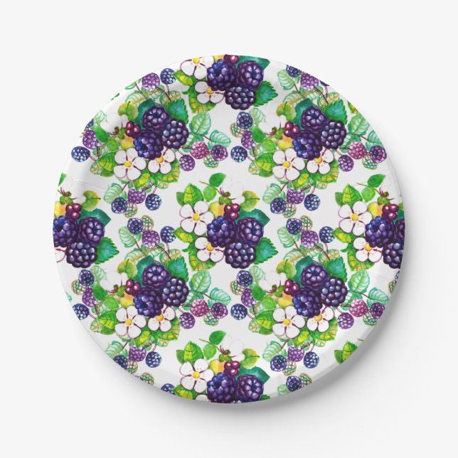 Berry Sweet Blackberries Blossoms Paper Plates (Front)
