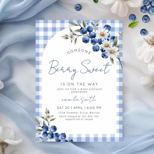 Berry Sweet Blue Baby shower Blueberry Gingham Invitation