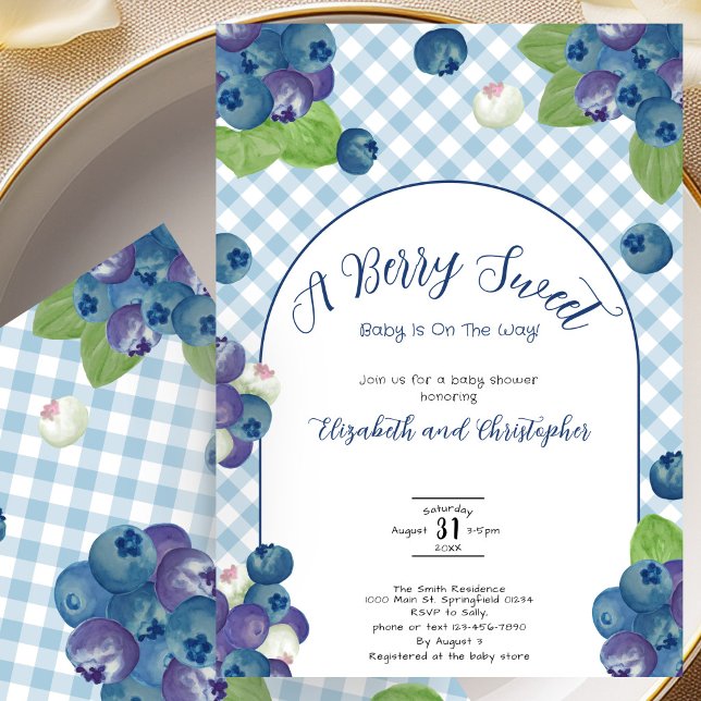 Berry Sweet Blue Gingham Baby Shower Invitation (Creator Uploaded)