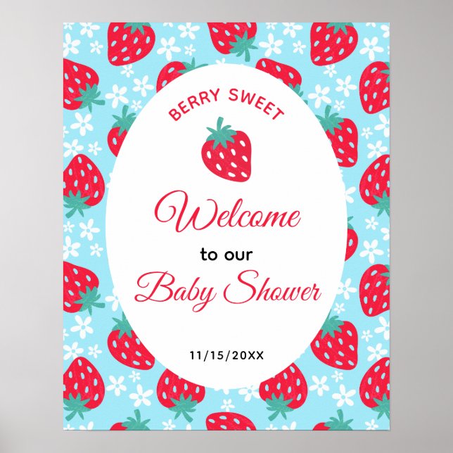 Berry Sweet Blue Strawberry Baby Shower Welcome Poster (Front)