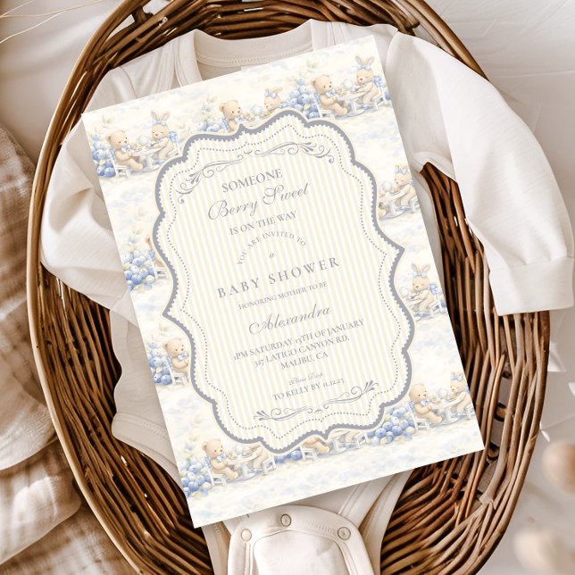 Berry Sweet Blue Toile Nursery Baby Shower Invitation (Creator Uploaded)