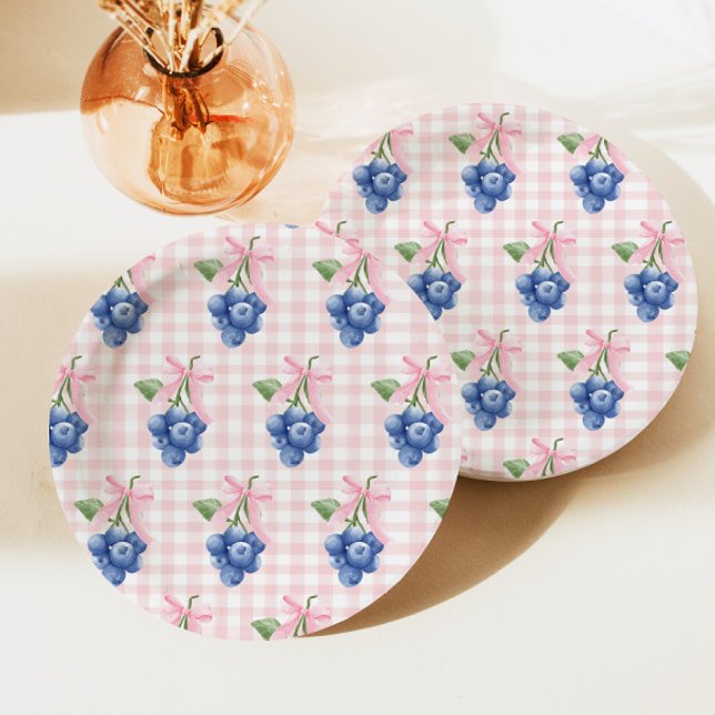 Berry Sweet blueberry 1st birthday Pink Gingham Paper Plates (Creator Uploaded)