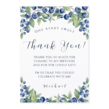 Berry Sweet Blueberry 1st Birthday Thank You Card 
