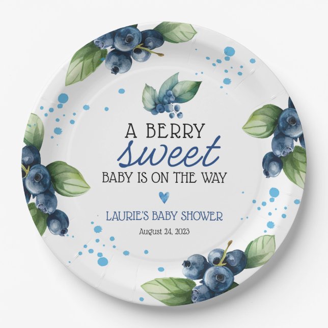 Berry Sweet Blueberry Baby Shower Paper Plates (Front)
