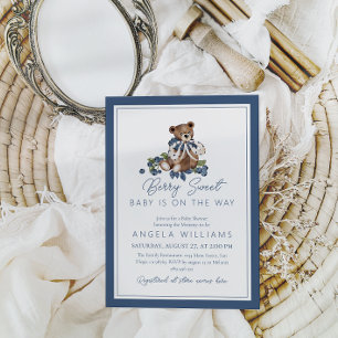 Berry Sweet Blueberry Bear Baby Boy Shower Invitation
