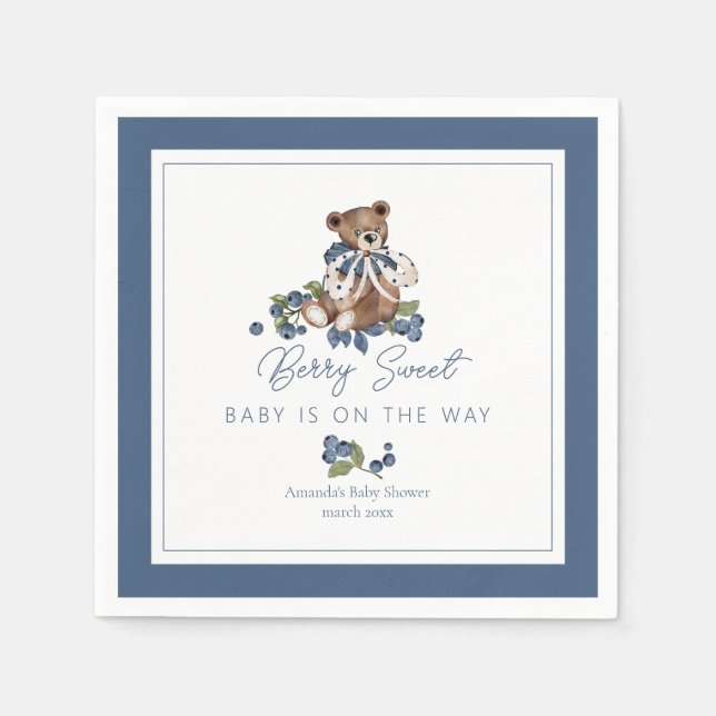 Berry Sweet Blueberry Bear Baby Boy Shower Napkins (Front)