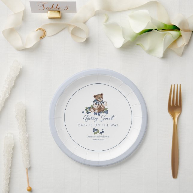 Berry Sweet Blueberry Bear Baby Boy Shower Paper Plates (Wedding)