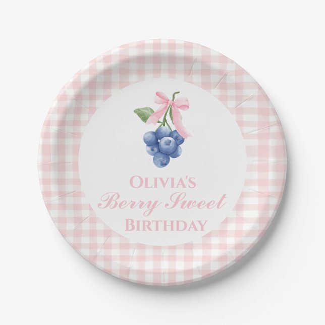 Berry Sweet blueberry birthday Pink Bow Coquette Paper Plates (Front)