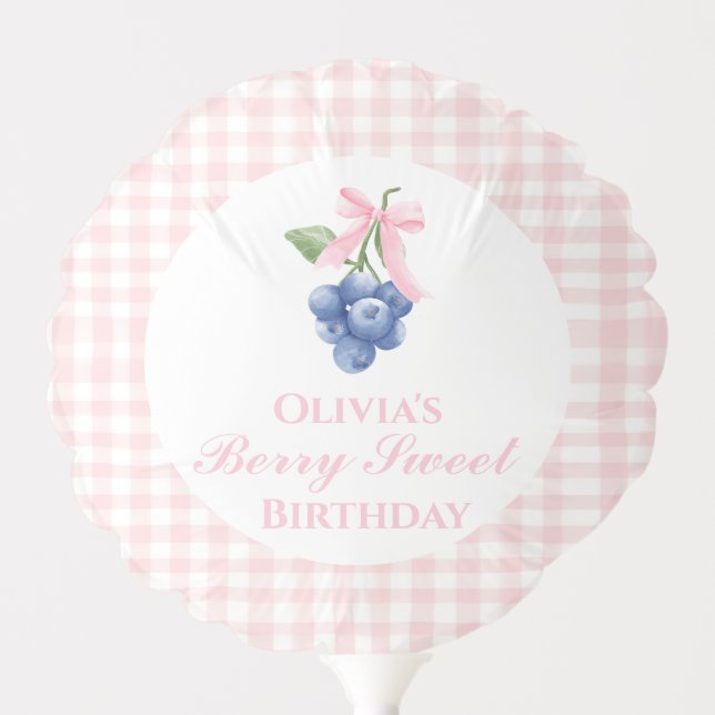 Berry Sweet blueberry birthday Pink Bow Gingham Balloon (Front)