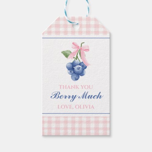 Berry Sweet blueberry birthday Pink Bow Gingham Gift Tags