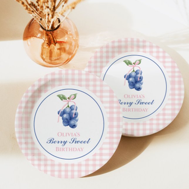 Berry Sweet blueberry birthday Pink Bow Gingham Paper Plates (Creator Uploaded)