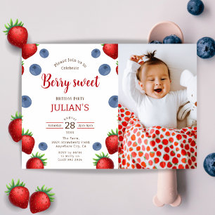 Berry Sweet & Blueberry Girl Birthday Party Photo Invitation