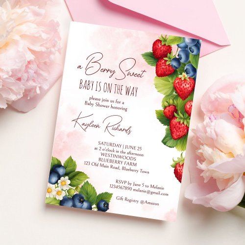 Berry sweet blueberry strawberry baby shower invitation