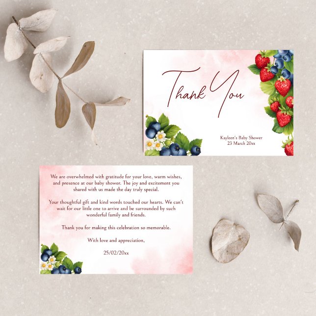 Berry sweet blueberry strawberry baby shower thank you card (Berry sweet blueberry strawberry summer baby shower thank you card)