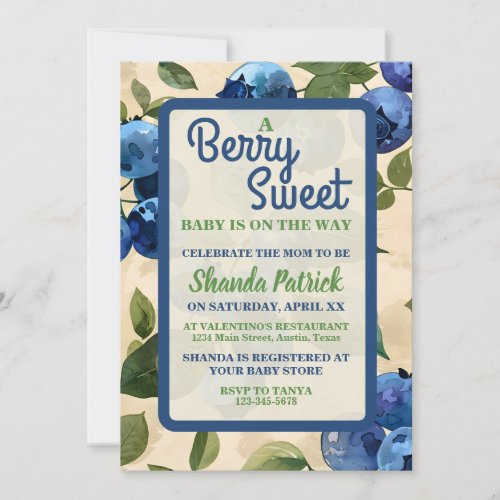 Berry Sweet Blueberry Theme Baby Shower Invitation