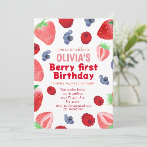 Berry sweet boho strawberry 1st birthday  invitation