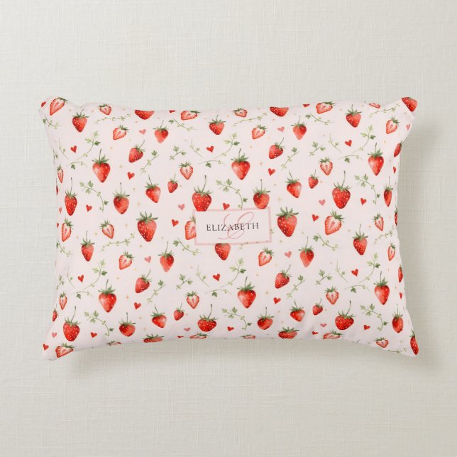 Berry Sweet Botanical Pink Hearts Monogram Accent Pillow (Front)