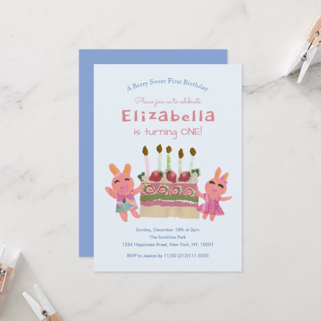 Berry Sweet Bunnies Light Blue First Birthday Invitation (Front/Back In Situ)