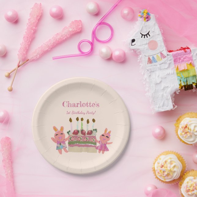 Berry Sweet Bunny Buddies Pink Kids Birthday  Paper Plates (Party)