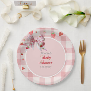 Berry Sweet Checkered Pink Coquette Baby Shower Paper Plates