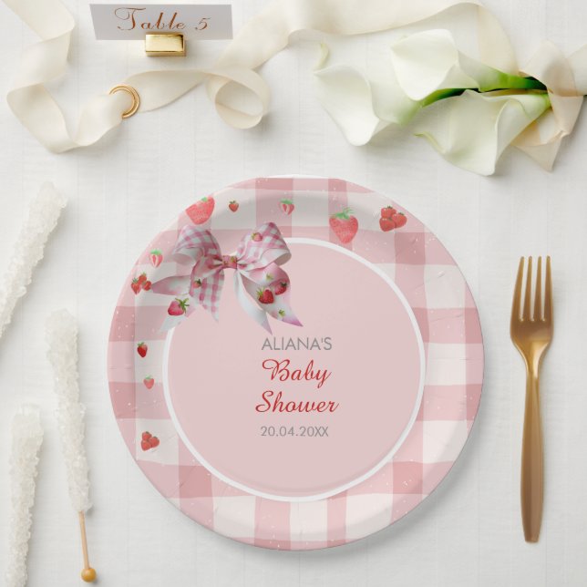 Berry Sweet Checkered Pink Coquette Baby Shower  Paper Plates (Wedding)