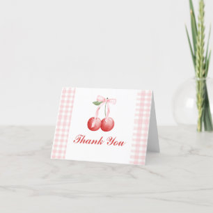 Berry Sweet Cherry birthday Pink Bow Gingham Letterpress Thank You Card