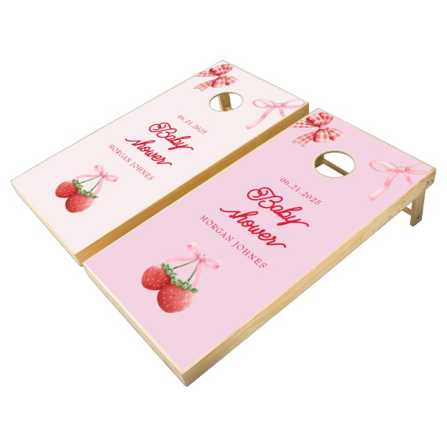 Berry Sweet Coquette Baby Shower cornhole set (Angled)