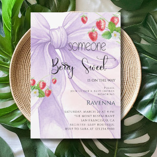 Berry Sweet Cute Lilac Bow Strawberry Baby Shower Invitation