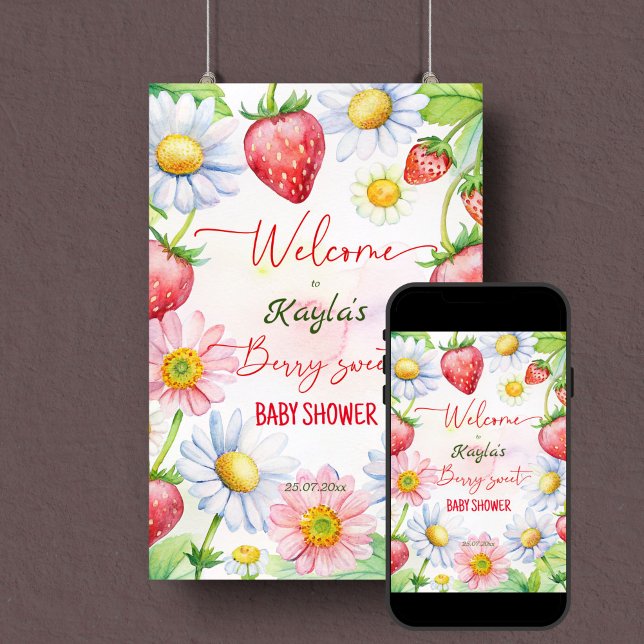 Berry sweet daisy strawberry baby shower welcome poster (Berry sweet summer garden daisy strawberry baby shower welcome sign poster template instant download)