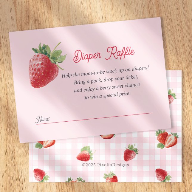 Berry Sweet Diaper Raffle Card-Strawberry Themed Enclosure Card (Strawberry Themed Diaper Raffle Card. Pink gingham berry sweet baby girl shower.)