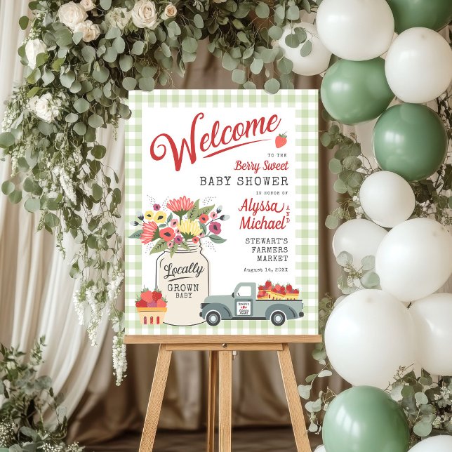 Berry Sweet Farmers Market Baby Shower WelcomeSign Foam Board (Rustic gingham farmers market locally grown strawberry mason jar flowers baby shower welcome sign)