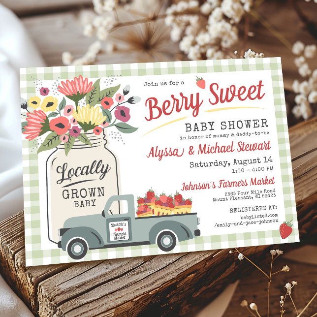 Berry Sweet Farmers Market Gingham Boy Baby Shower Invitation (Cute sage green gingham mason jar flowers bouquet strawberry berry sweet farmers market baby shower)