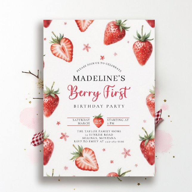 Berry Sweet Farmhouse Chic Watercolor 1st Birthday Invitation (berry first birthday party invitation girls strawberry 1st photo watercolor summer farmhouse patch)