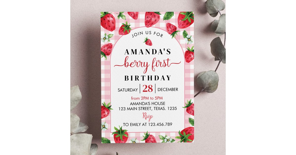 Berry Sweet First Birthday Invitation Strawberry | Zazzle