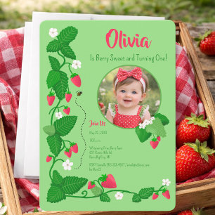 Berry Sweet First Birthday Strawberry Photo Invitation