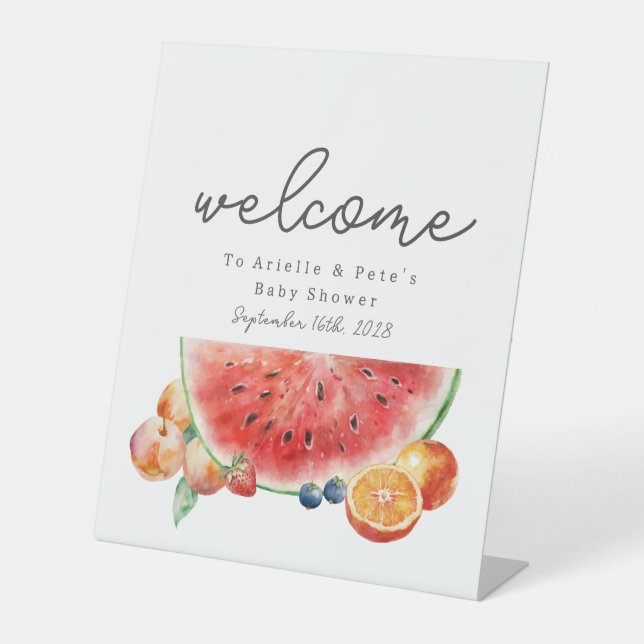 Berry Sweet Fruit Baby Shower Welcome Watermelon Pedestal Sign (Front)