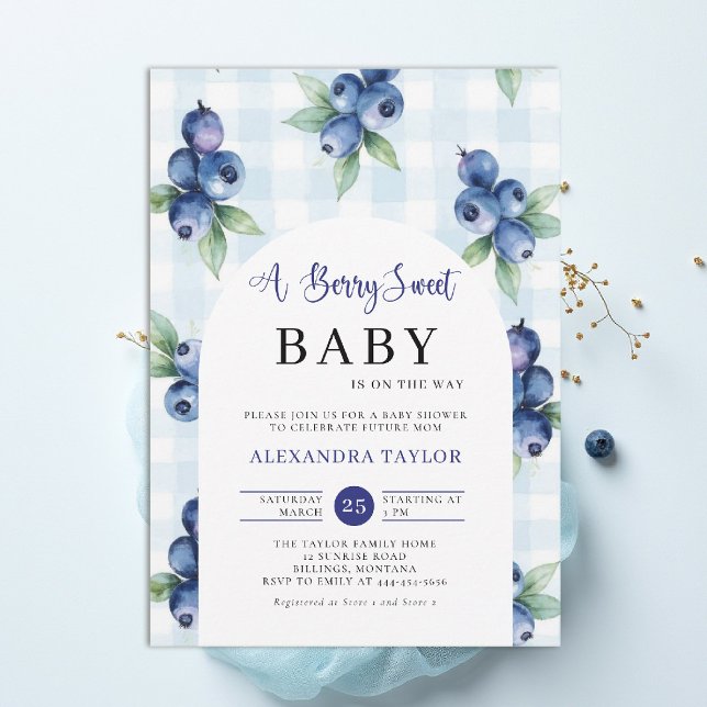 Berry Sweet Gingham Blue Farm Arch Boy Baby Shower Invitation (berry sweet baby shower invitation boy blue blueberries farmhouse cottage watercolor gingham arch)