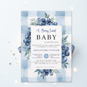Berry Sweet Gingham Blueberries Baby Shower Invitation