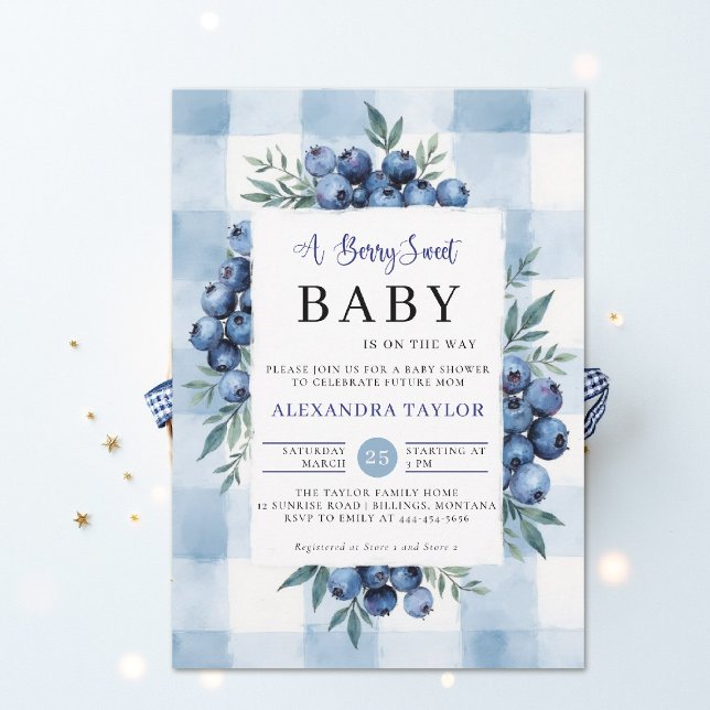 Berry Sweet Gingham Blueberries Baby Shower Invitation (berry sweet baby shower invitation boy blue blueberries rustic farmhouse chic watercolor gingham)