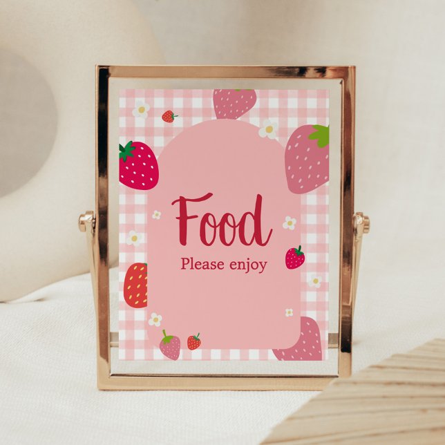 Berry Sweet Gingham Strawberry Baby Shower Food Poster (Gingham Strawberry Berry Sweet Baby Shower Food Sign)