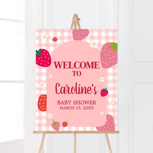 Berry Sweet Gingham Strawberry Baby Shower Welcome Poster (Gingham Strawberry Berry Sweet Baby Shower Welcome Sign)