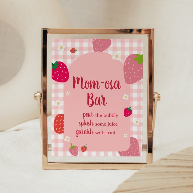Berry Sweet Gingham Strawberry Mom Osa Bar Poster (Gingham Strawberry Berry Sweet Baby Shower Mom Osa Bar Sign)