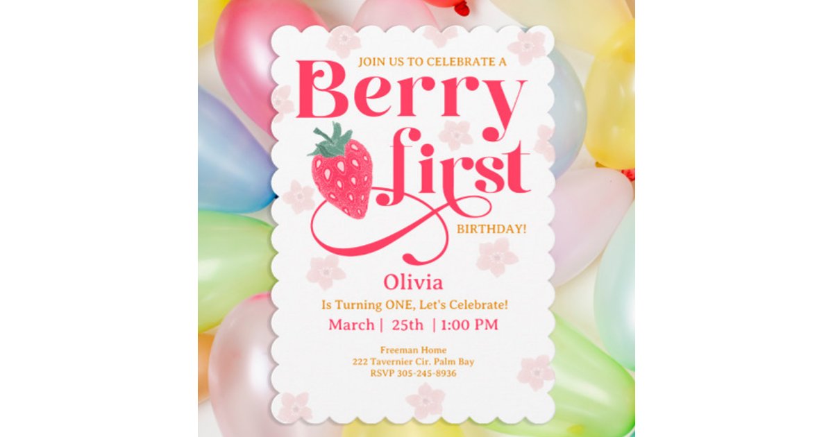 Berry Sweet Girl’s 1st Birthday Party - Strawberry Invitation | Zazzle