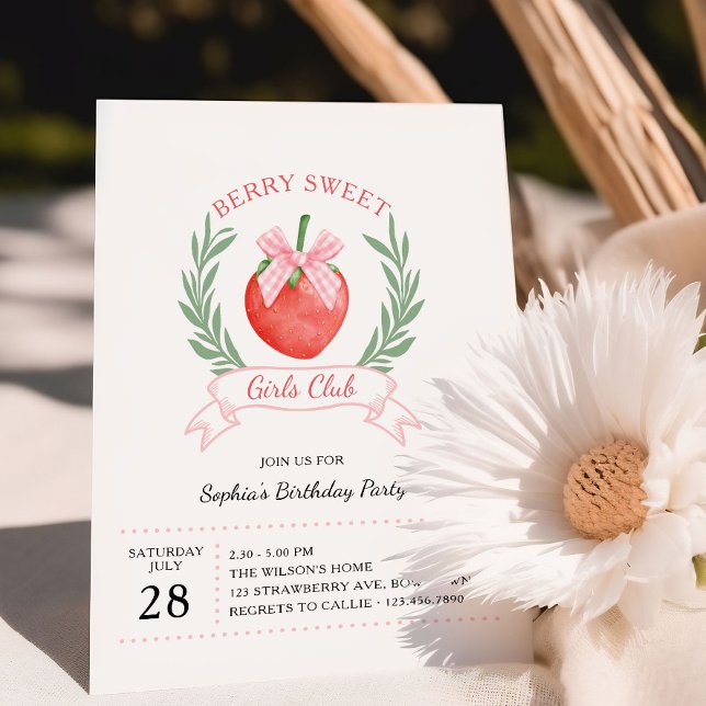 Berry Sweet Girls Club Strawberry Bow Birthday Invitation (Berry Sweet girls birthday party invitation with strawberries and pink bows by Darling & May)