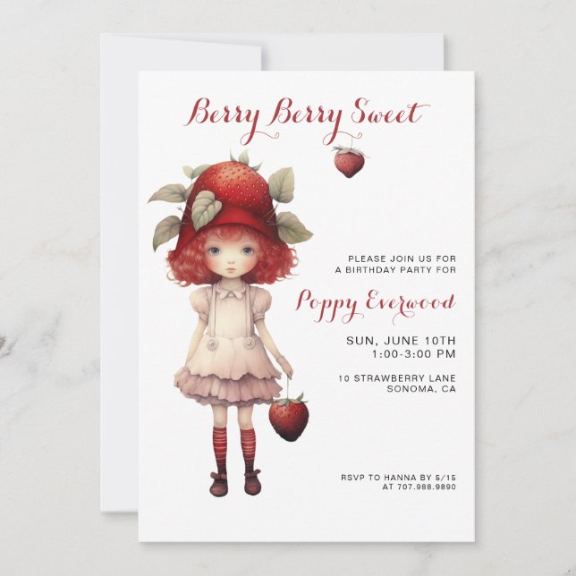 Berry Sweet Girl's Illustrated Birthday Party Invitation (Front)